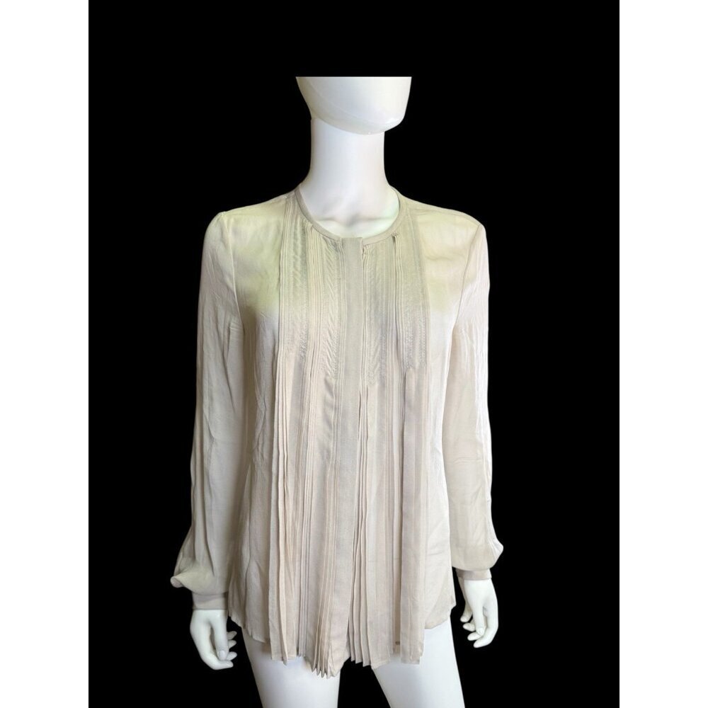 Diane Von Furstenberg Sheer Pleated Front Silk Tan Blouse Office Size 10, EUC